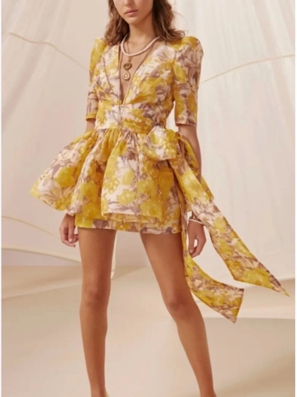 Yellow Floral V-Neck Puff Sleeve Mini Dress- Lookalike Zimmerman design dress - Picture 4 of 9